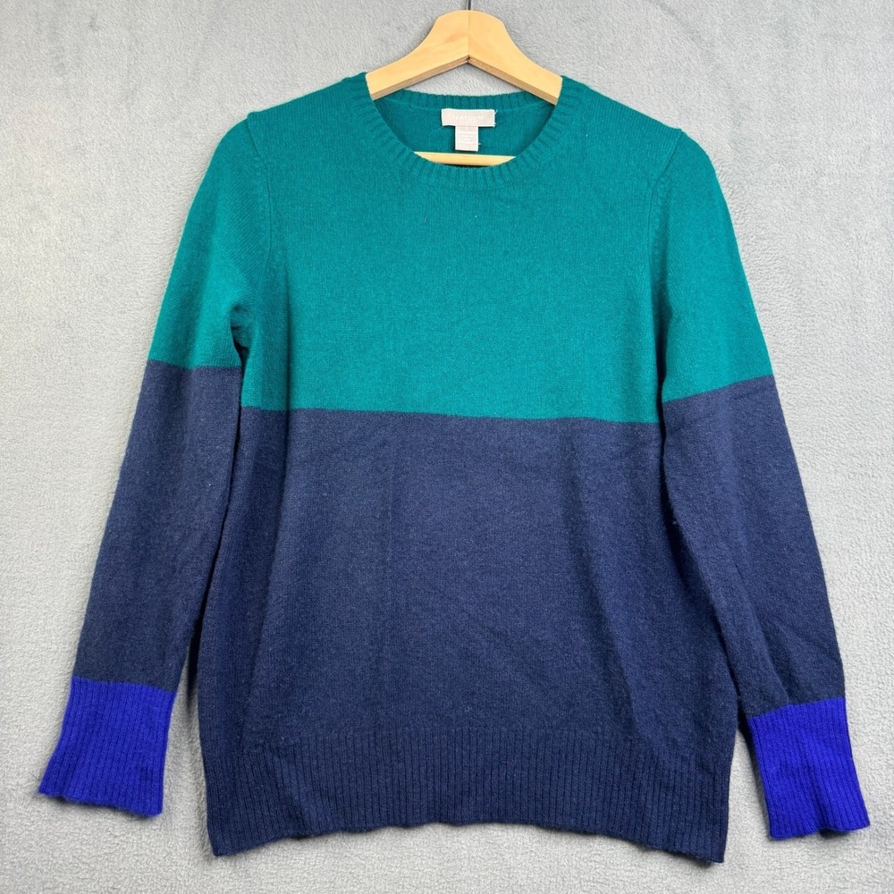 Hayden 100% Cashmere Sweater Womens Large Teal Navy Blue Colorblock Crew Neck